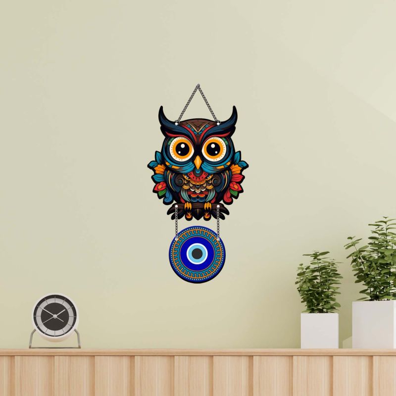 Evil Eye Owl Wall Hanging – Nazar Battu Wooden Home Protection Decor